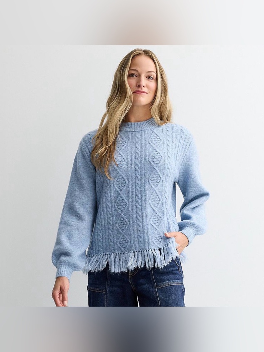 Farmers Market Cable Knit Fringe Hem Sweater Light Sky Blue Cozy Boho